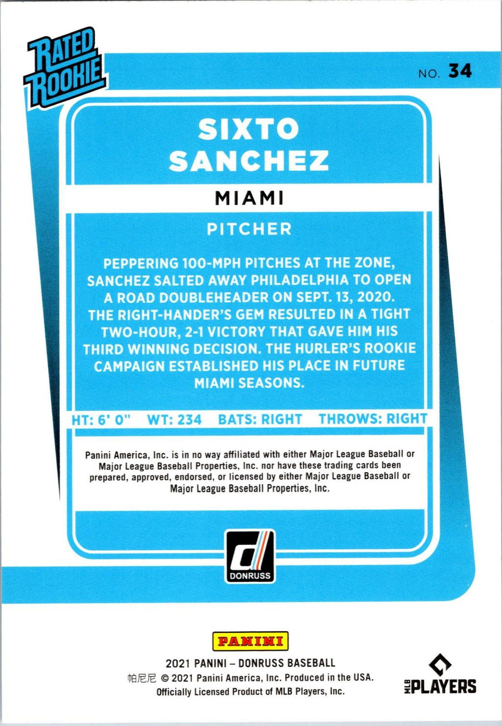 2021 Donruss #34 Sixto Sanchez