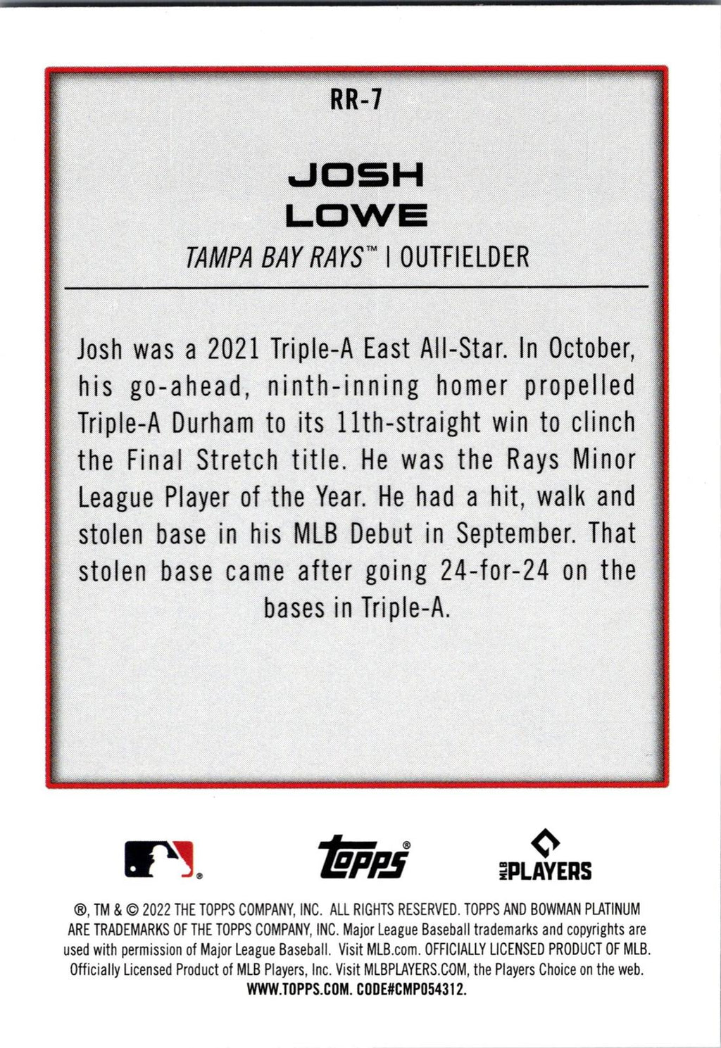 2022 Bowman Platinum #RR-7 Josh Lowe Renowned Rookies