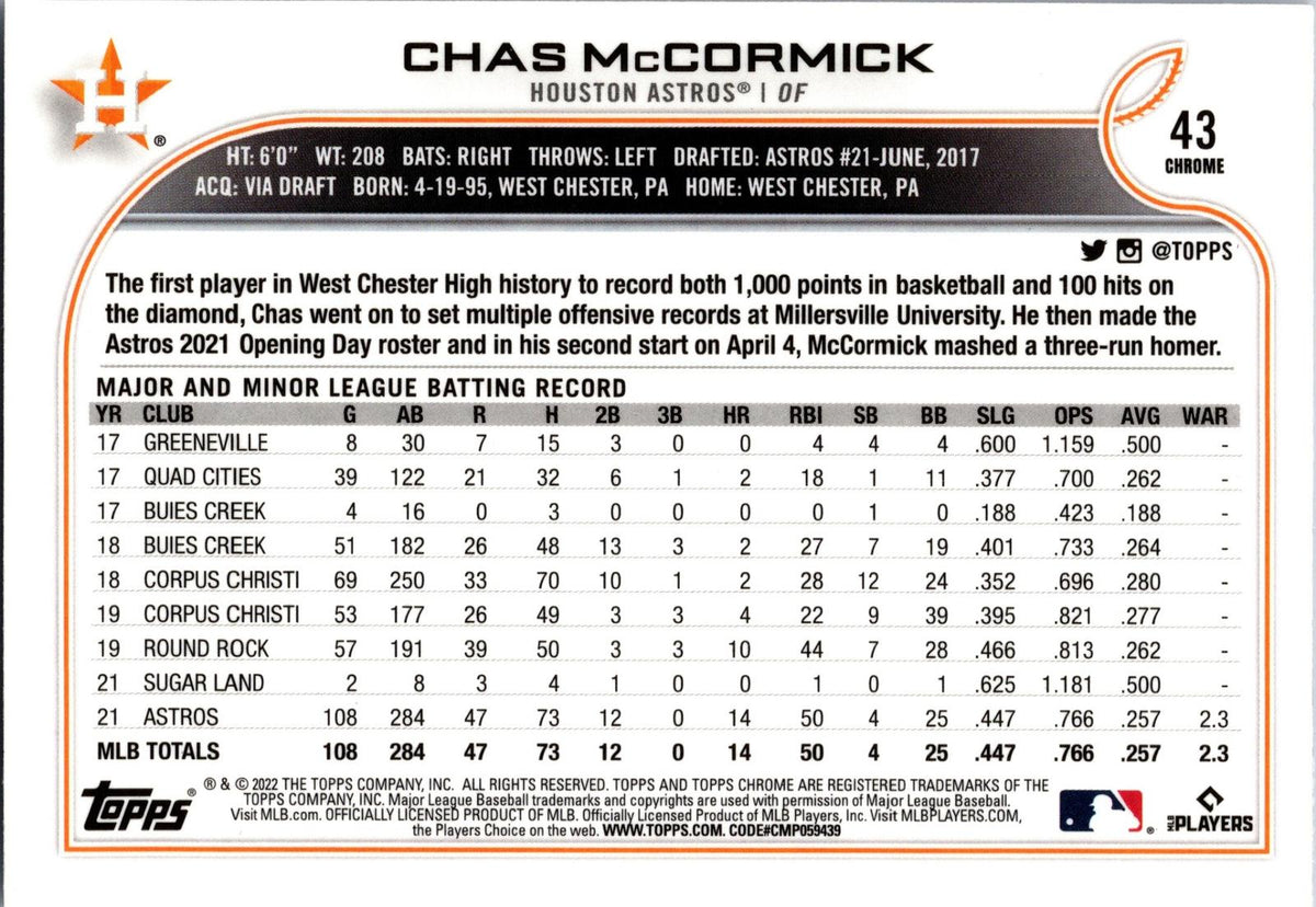 2022 Topps Chrome Sonic #43 Chas McCormick