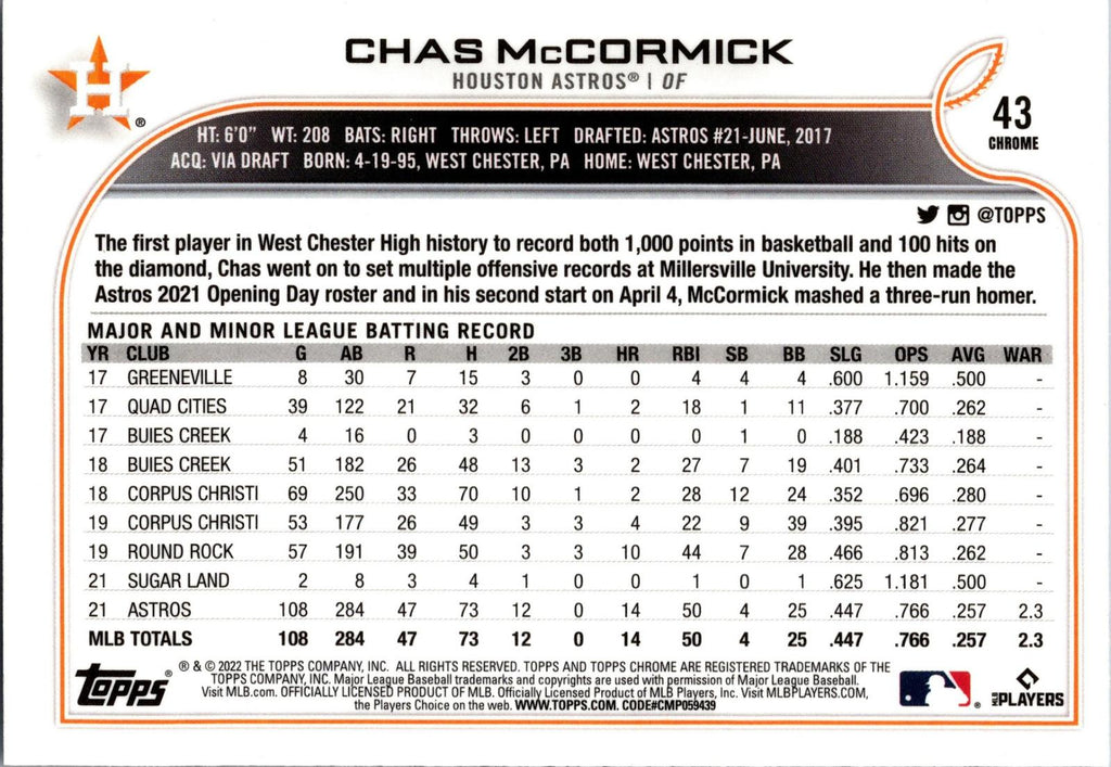 2022 Topps Chrome Sonic #43 Chas McCormick