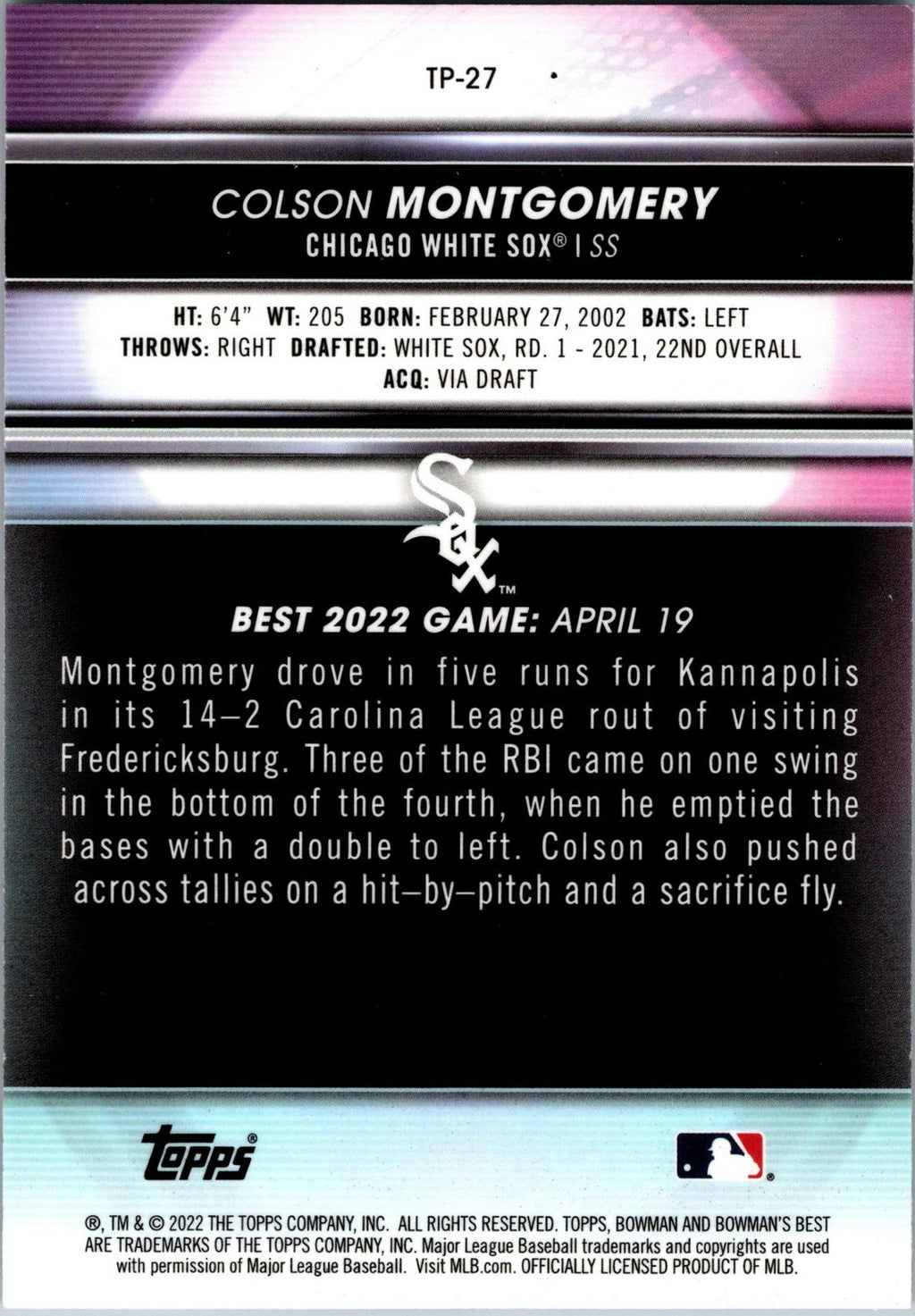 2022 Bowman's Best #TP-27 Colson Montgomery Top Prospects