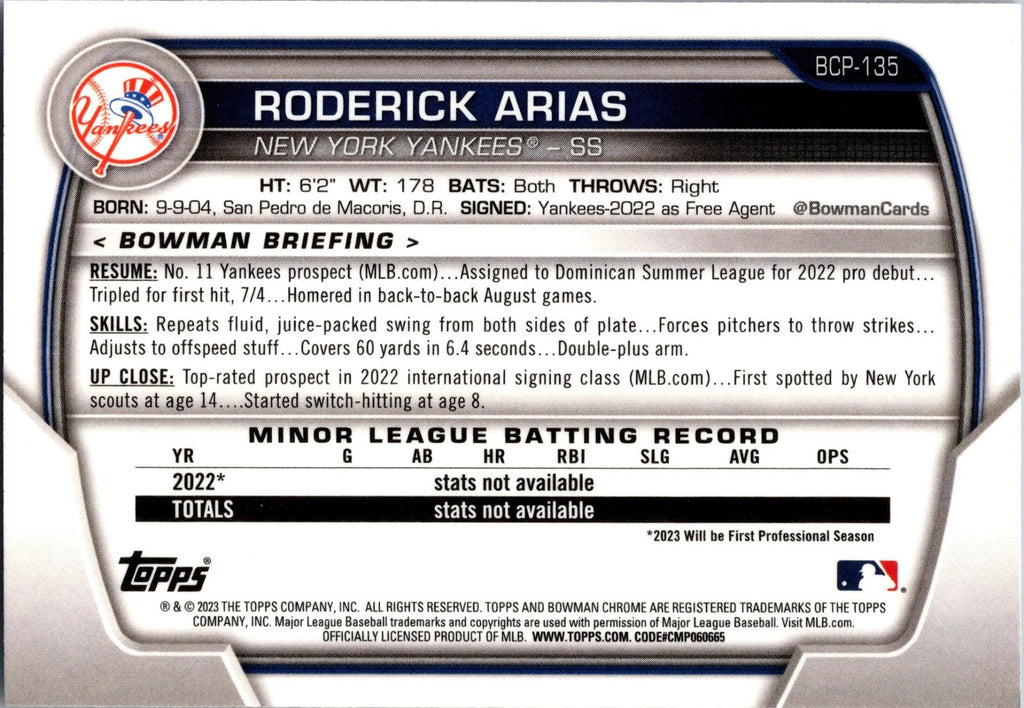 2023 Bowman #BCP-135 Roderick Arias Chrome Prospects