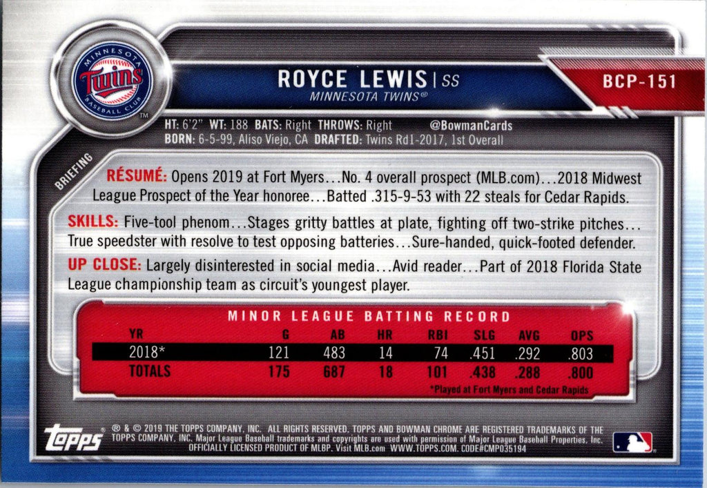 2019 Bowman Chrome #BCP-151 Royce Lewis Prospects