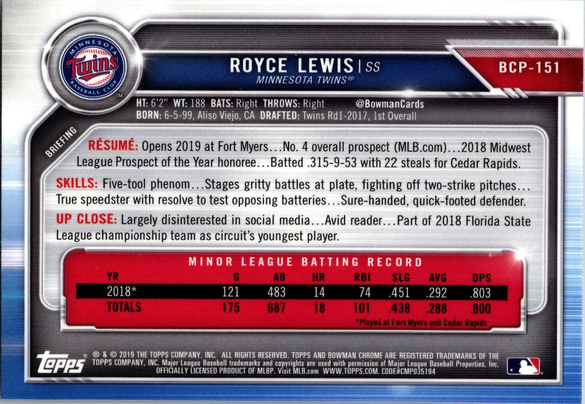 2019 Bowman Chrome #BCP-151 Royce Lewis Prospects