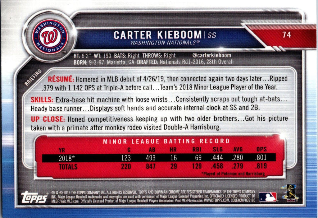 2019 Bowman Chrome #74 Carter Kieboom