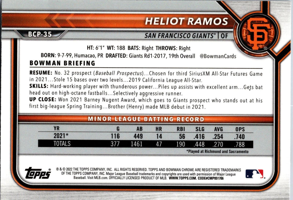 2022 Bowman #BCP-35 Heliot Ramos Chrome Prospects