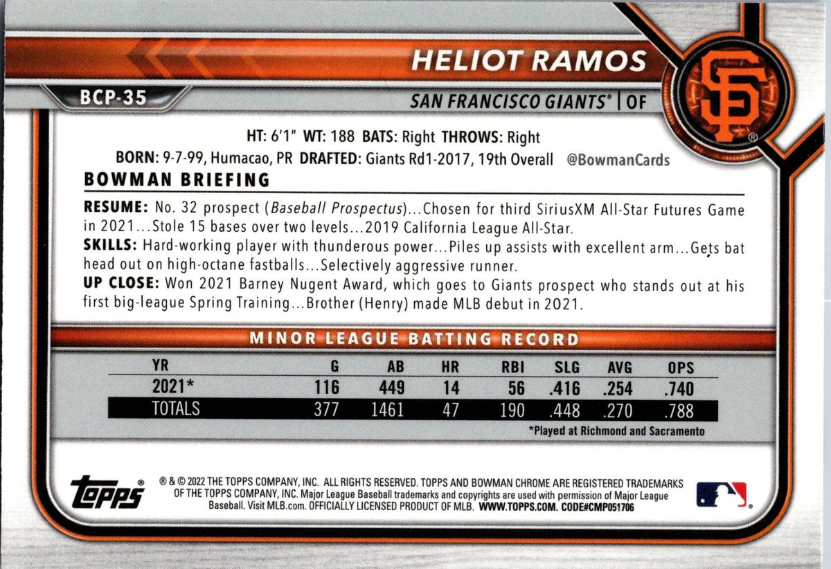 2022 Bowman #BCP-35 Heliot Ramos Chrome Prospects