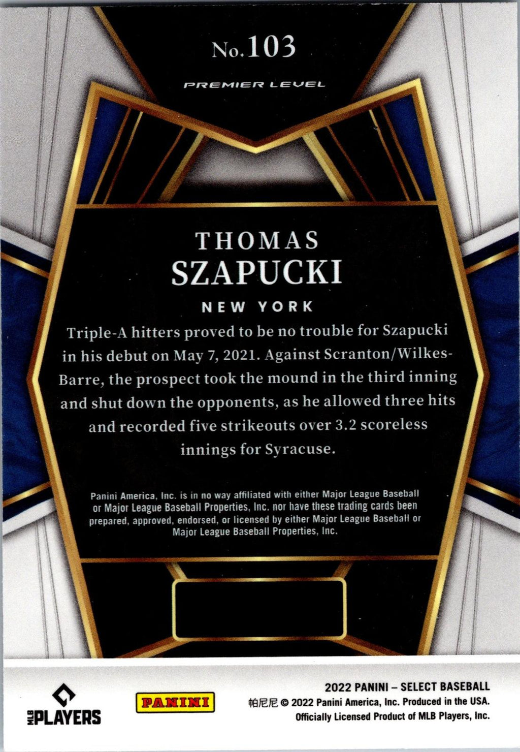 2022 Panini Select #103 Thomas Szapucki