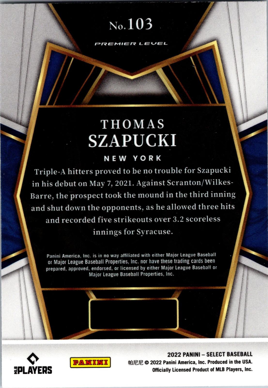 2022 Panini Select #103 Thomas Szapucki