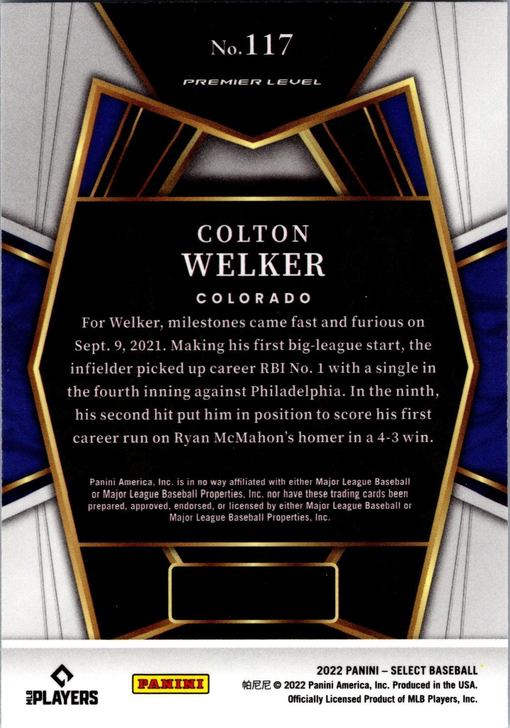 2022 Panini Select #117 Colton Welker Blue Retail Base