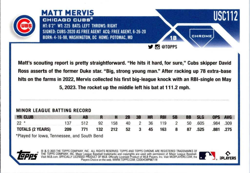 2023 Topps Chrome Update #USC112 Matt Mervis