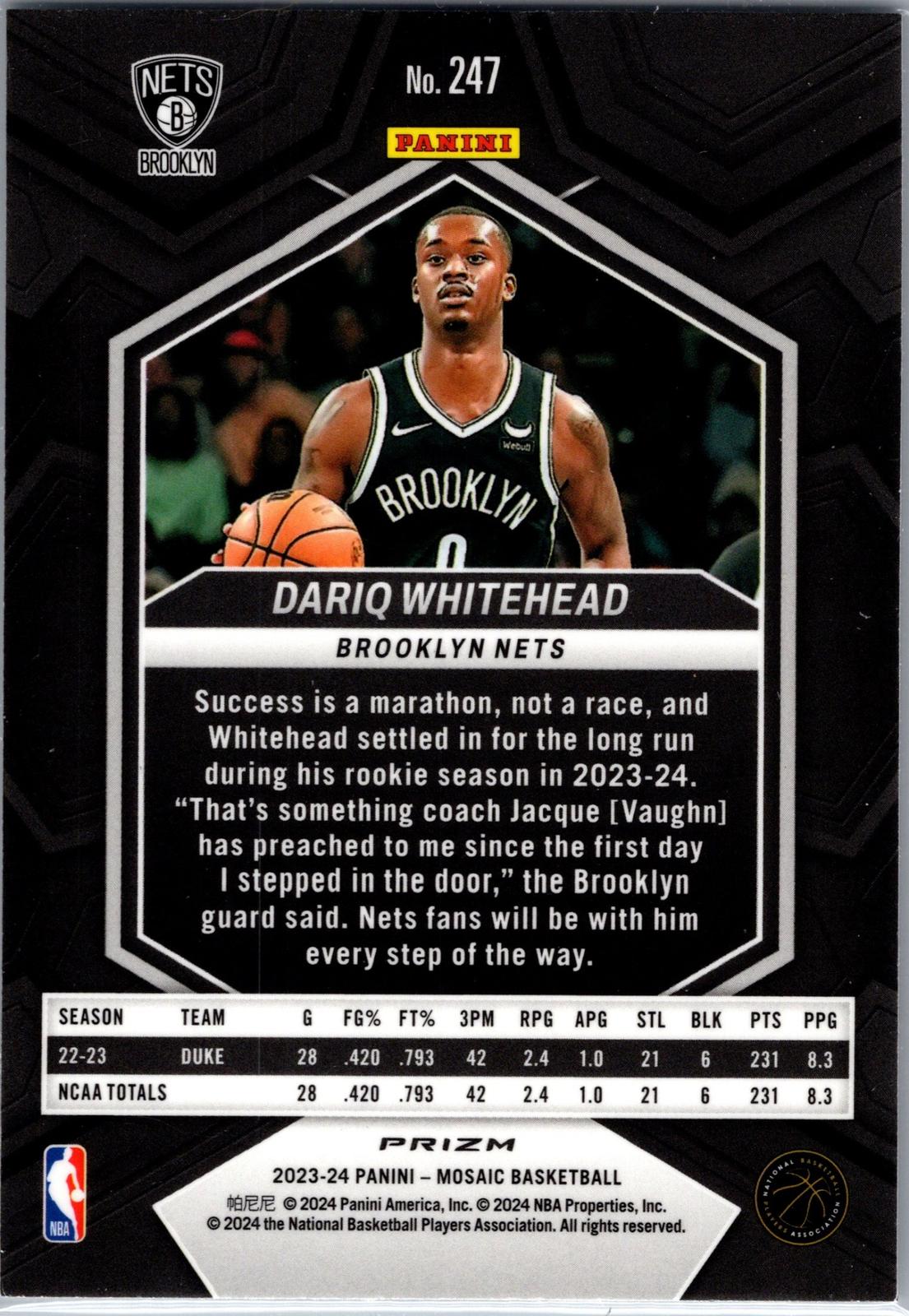 2023-24 Panini Mosaic #247 Dariq Whitehead Mosaic