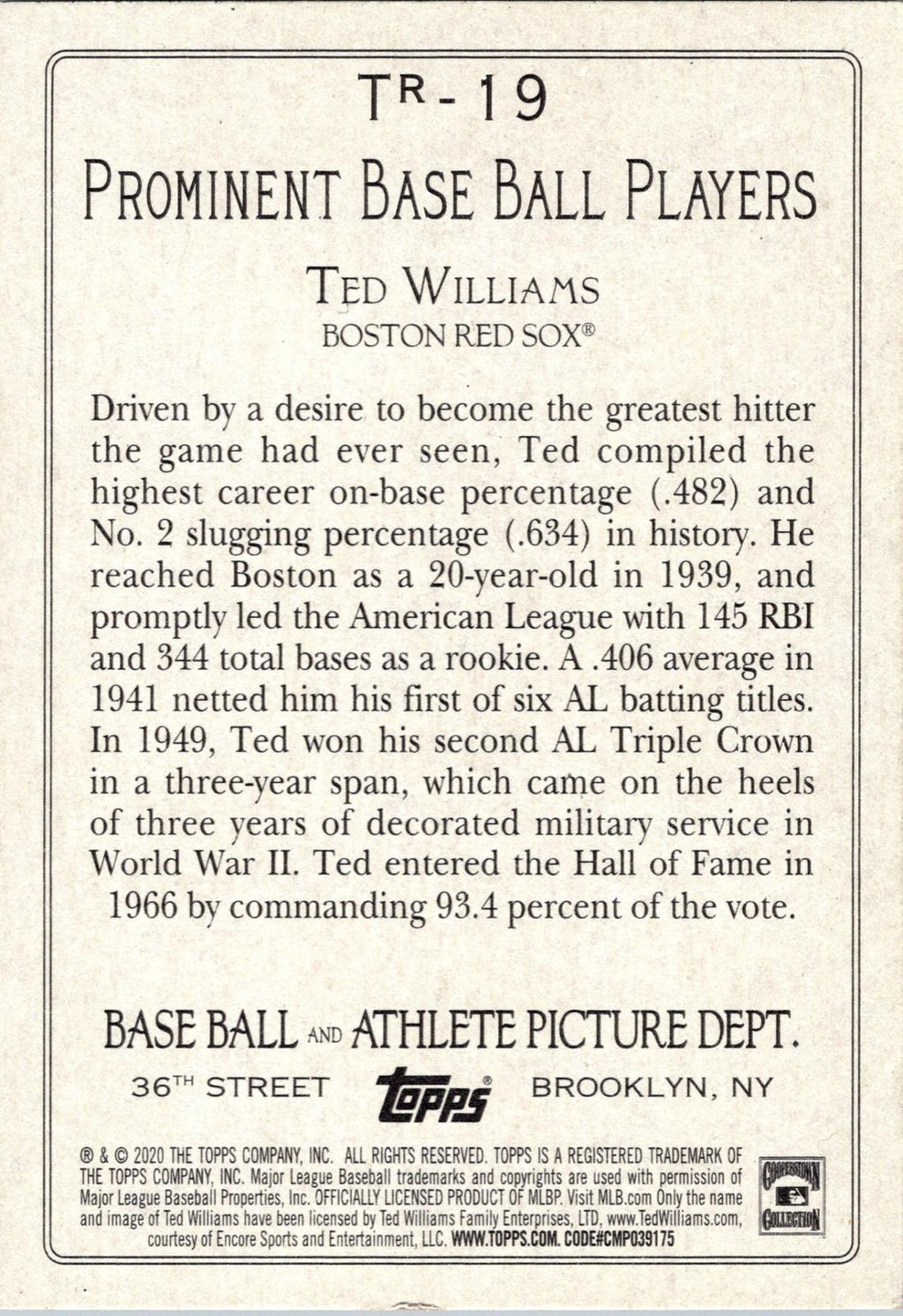 2020 Topps #TR-19 Ted Williams Turkey Red 2020 (Series 2)