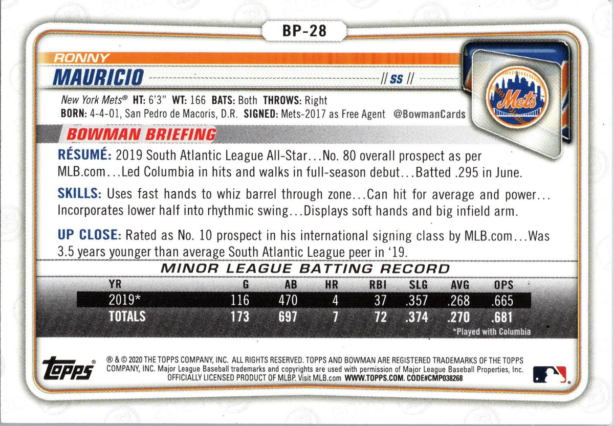 2020 Bowman #BP-28 Ronny Mauricio Prospects