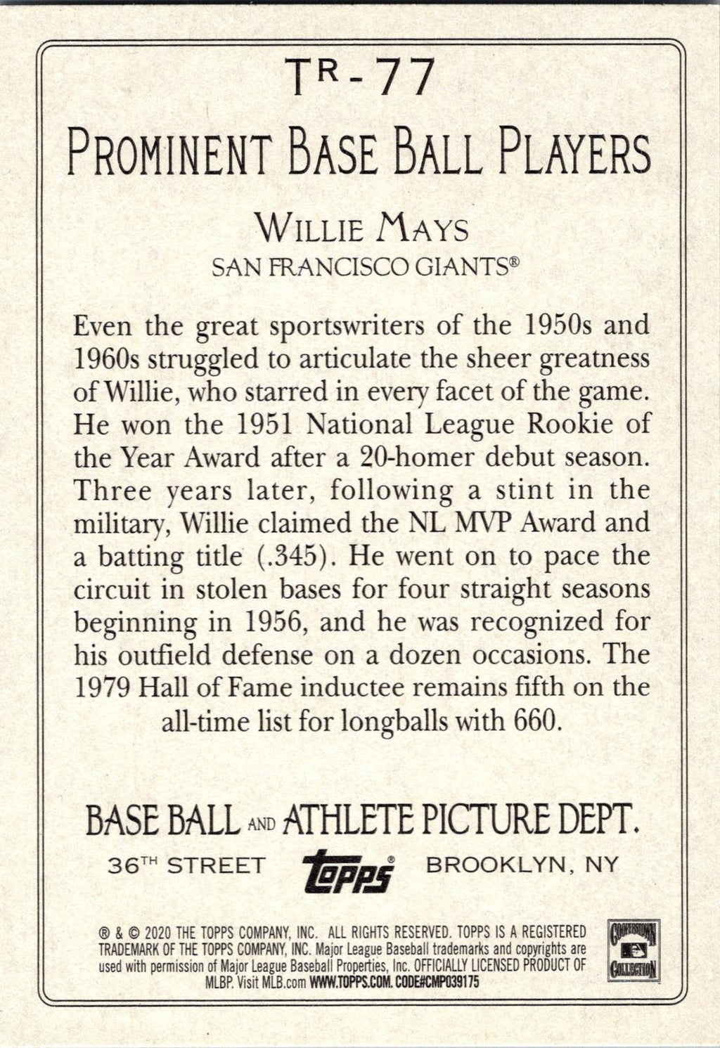 2020 Topps #TR-77 Willie Mays Turkey Red 2020 (Series 2)