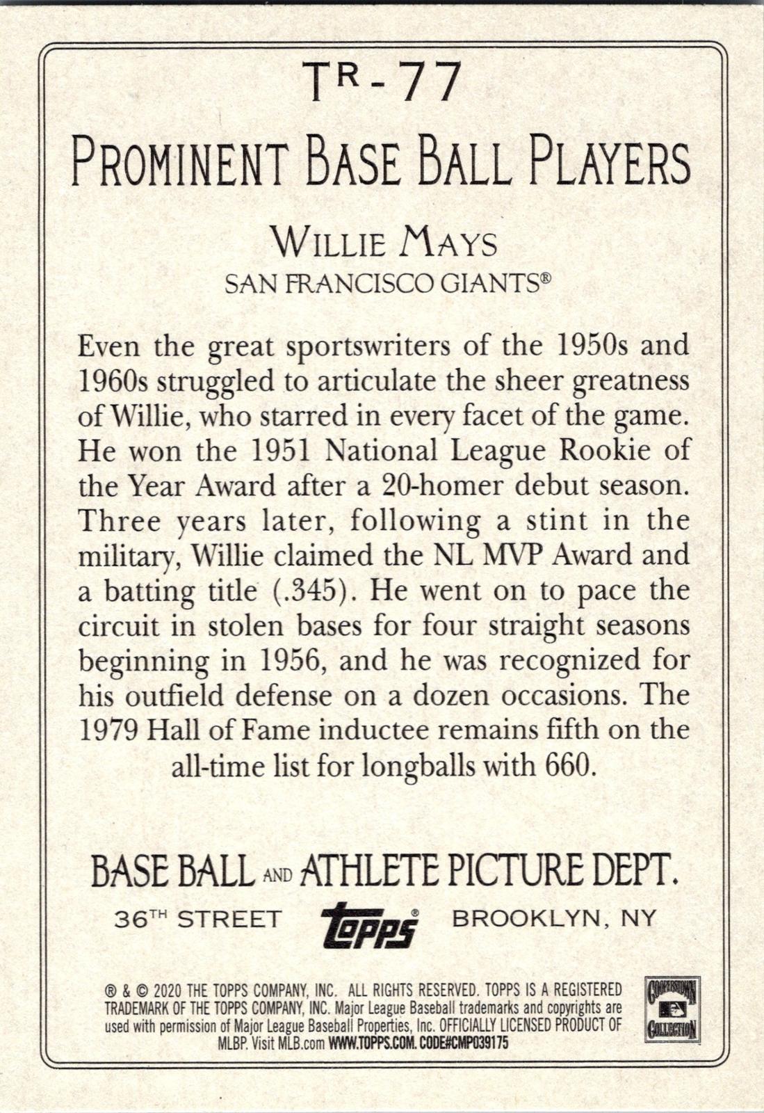 2020 Topps #TR-77 Willie Mays Turkey Red 2020 (Series 2)