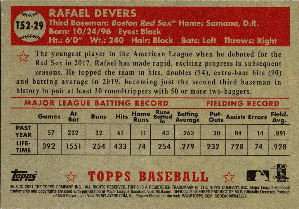 2021 Topps #T52-29 Rafael Devers 1952 Topps Redux