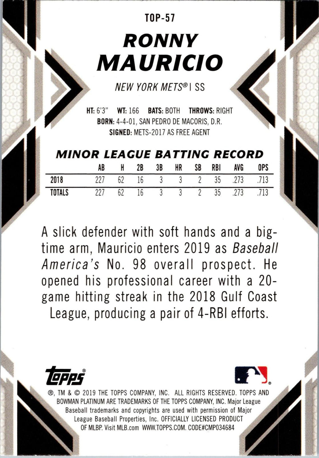 2019 Bowman Platinum #TOP-57 Ronny Mauricio Top Prospects