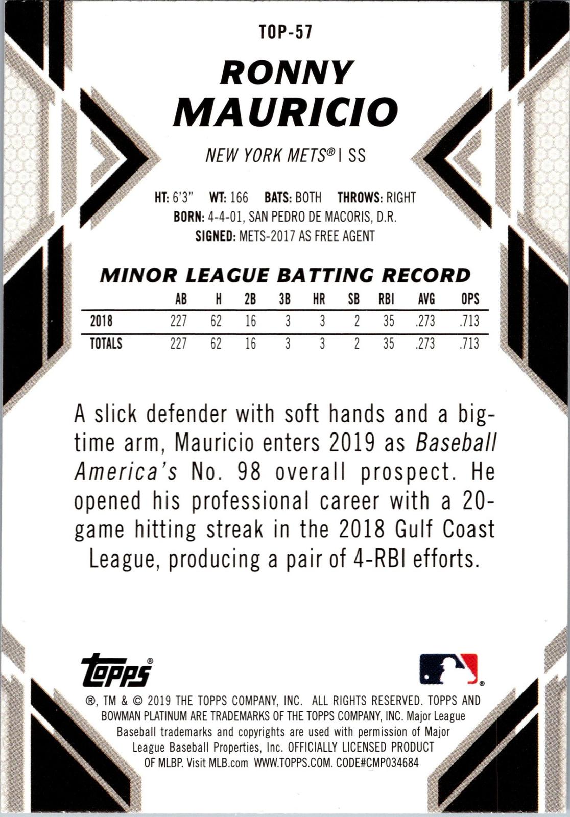 2019 Bowman Platinum #TOP-57 Ronny Mauricio Top Prospects