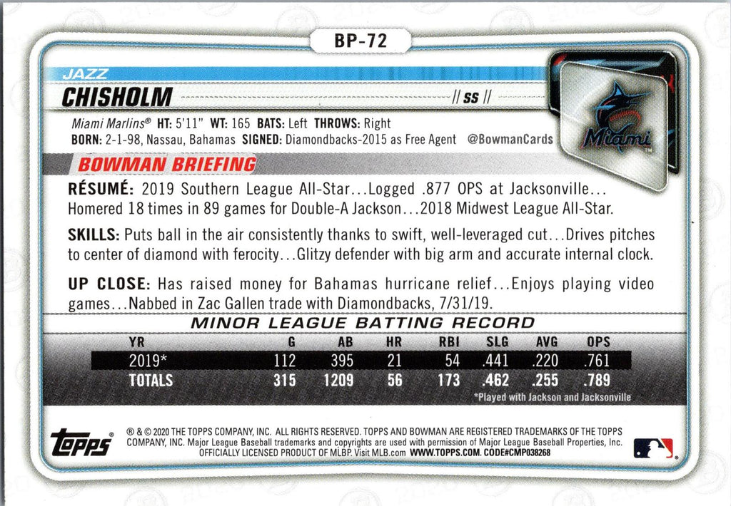 2020 Bowman #BP-72 Jazz Chisholm Prospects