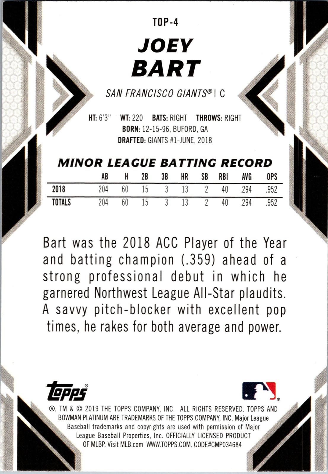 2019 Bowman Platinum #TOP-4 Joey Bart Top Prospects