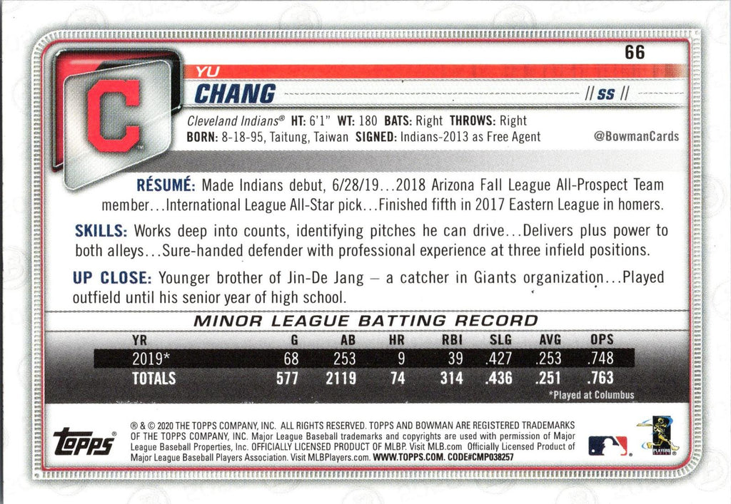 2020 Bowman #66 Yu Chang
