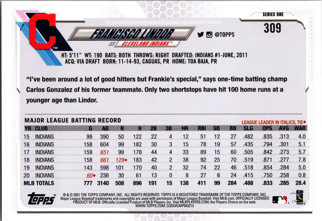 2021 Topps #309 Francisco Lindor