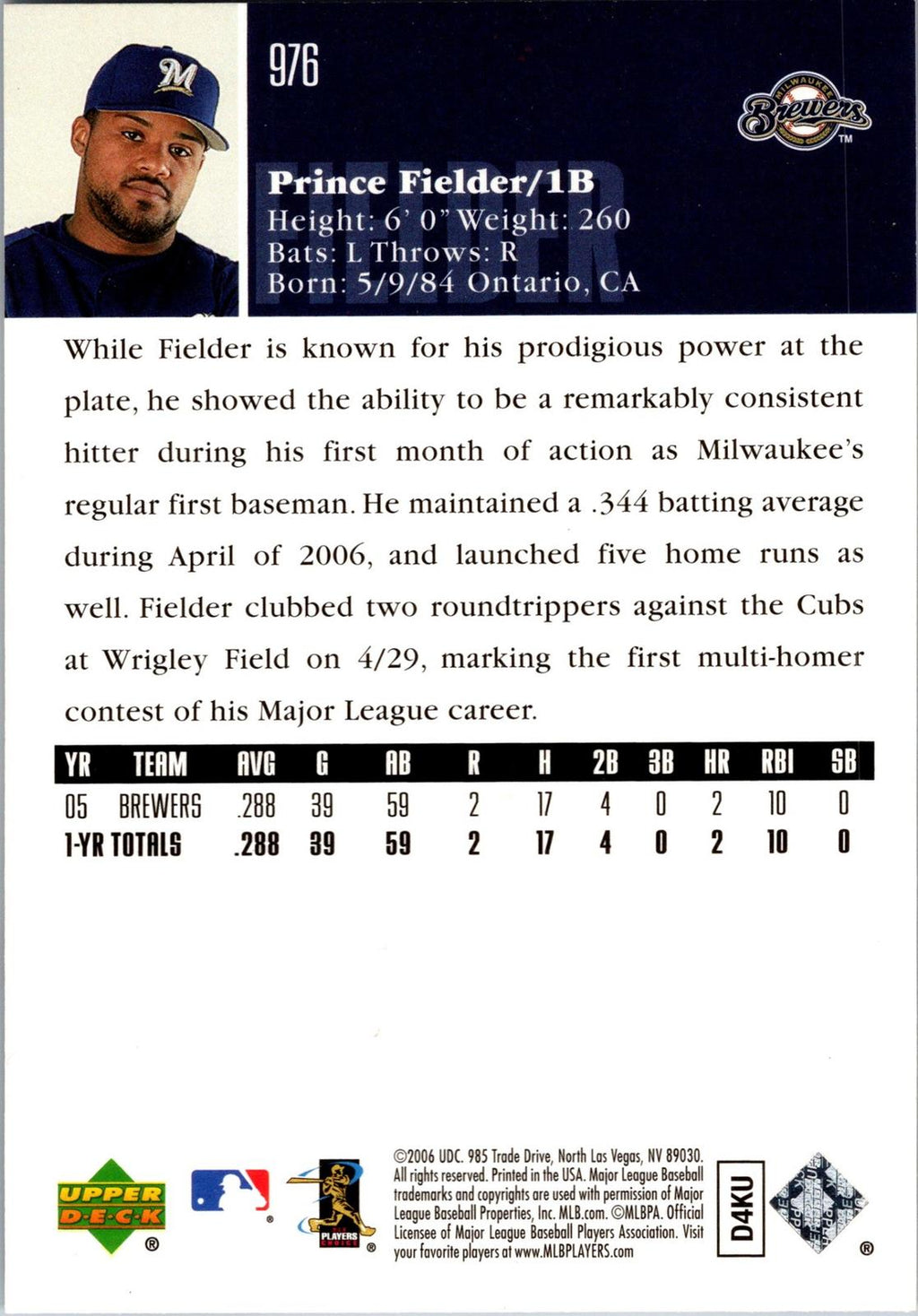 2006 Upper Deck #976 Prince Fielder