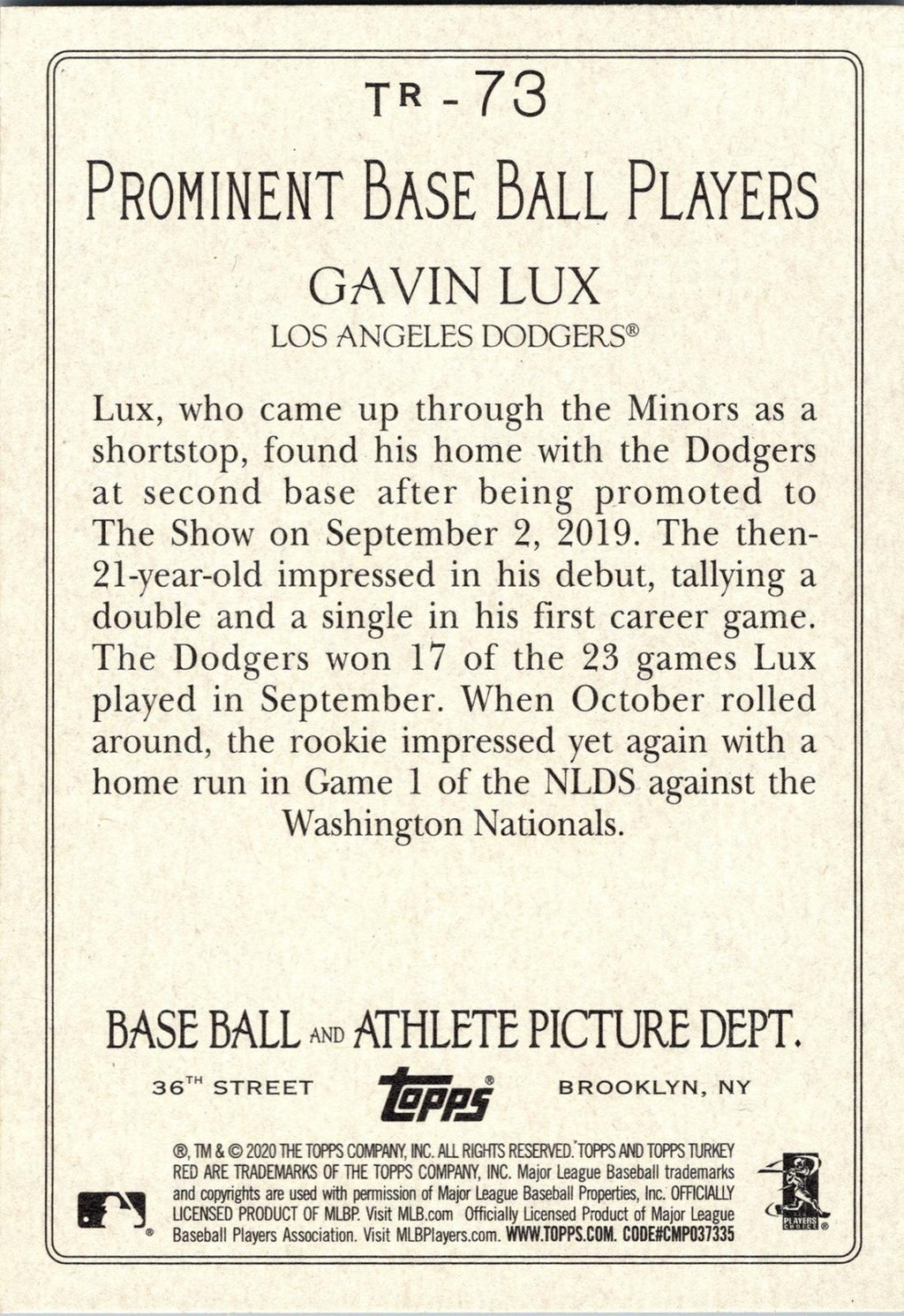 2020 Topps #TR-73 Gavin Lux Turkey Red 2020 (Series 1)