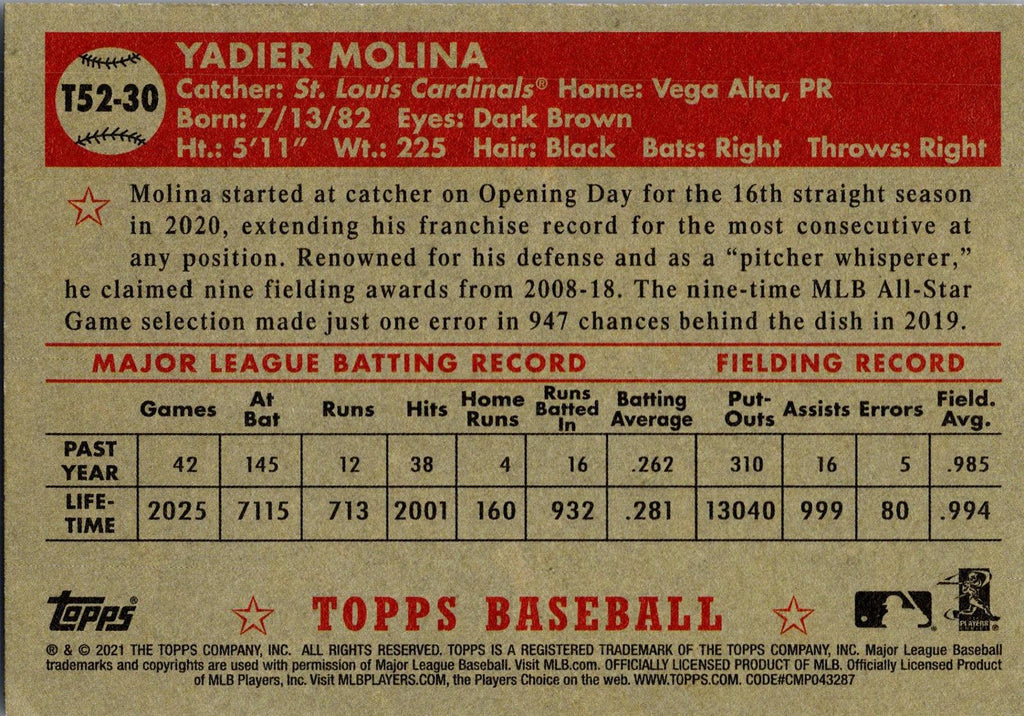 2021 Topps #T52-30 Yadier Molina 1952 Topps Redux