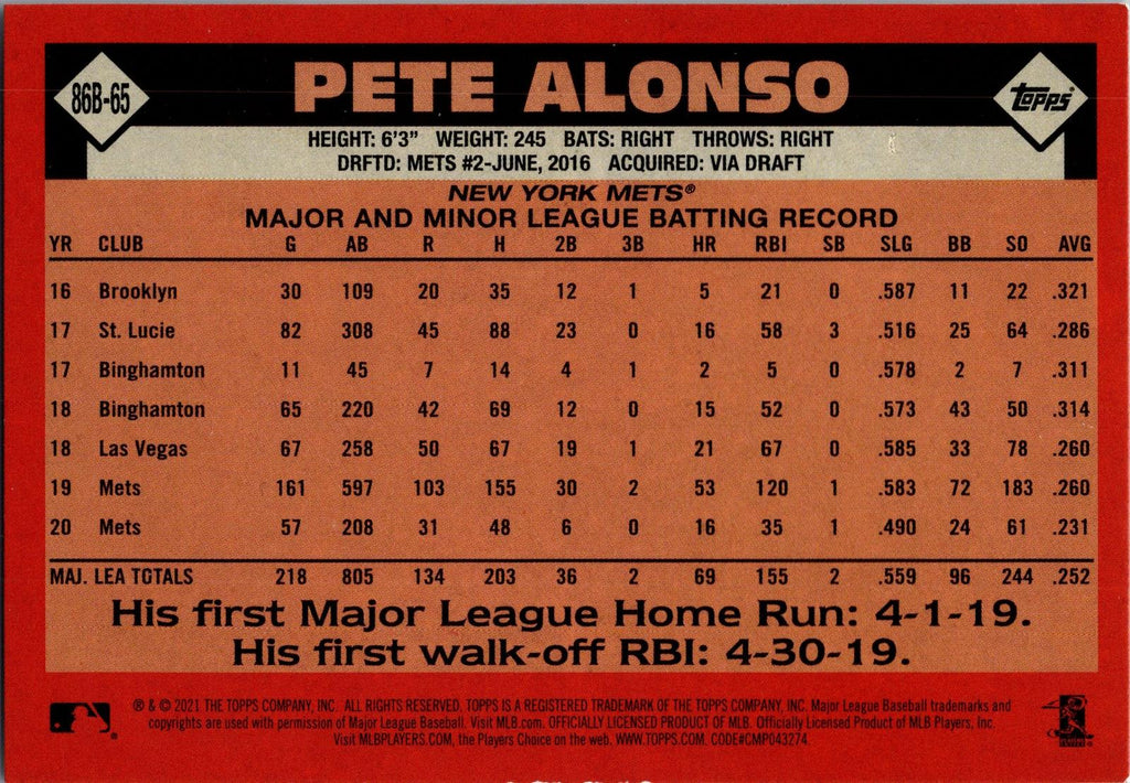2021 Topps #86B-65 Pete Alonso 1986 Topps Baseball 35th Anniversary (Series One)