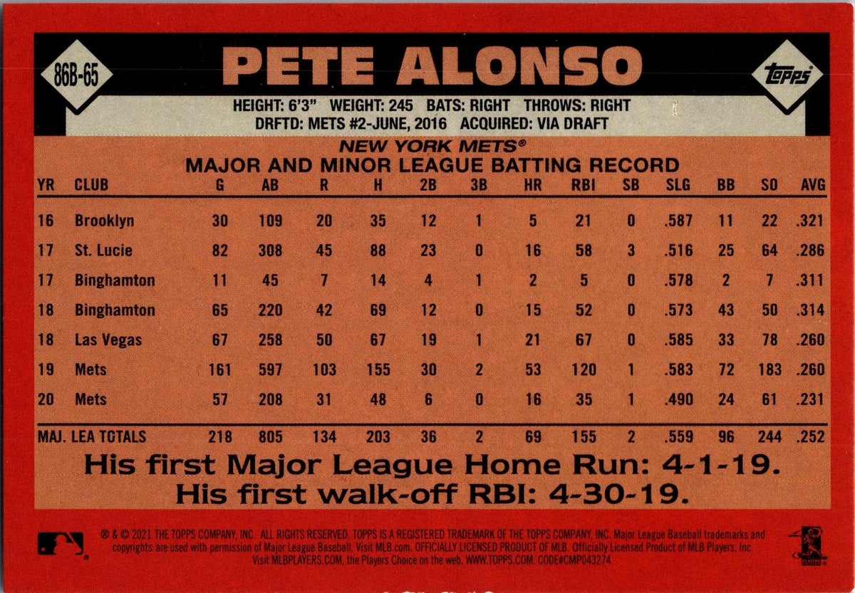 2021 Topps #86B-65 Pete Alonso 1986 Topps Baseball 35th Anniversary (Series One)