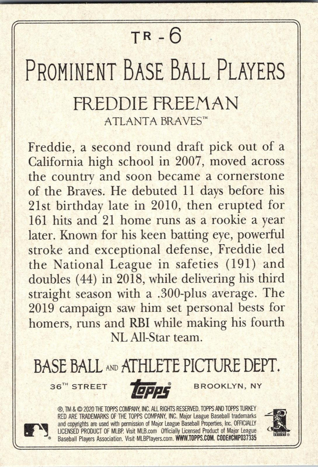 2020 Topps #TR-6 Freddie Freeman Turkey Red 2020 (Series 1)
