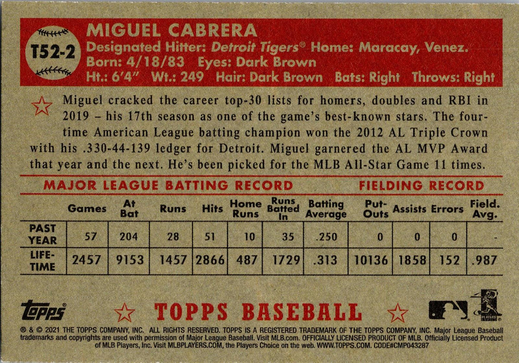 2021 Topps #T52-2 Miguel Cabrera 1952 Topps Redux