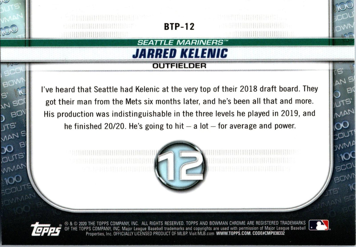 2020 Bowman #BTP-12 Jarred Kelenic Chrome Bowman Scouts Top 100
