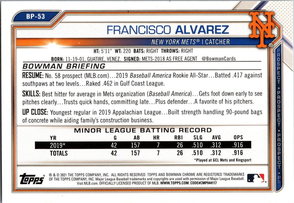 2021 Bowman #BP-53 Francisco Alvarez Prospects