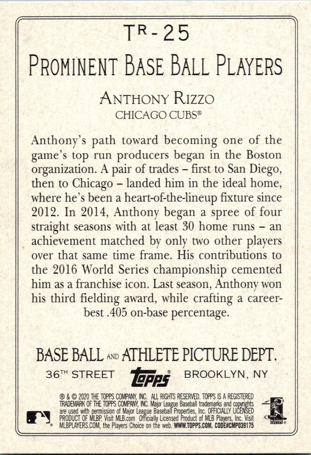 2020 Topps #TR-25 Anthony Rizzo Turkey Red 2020 (Series 2)