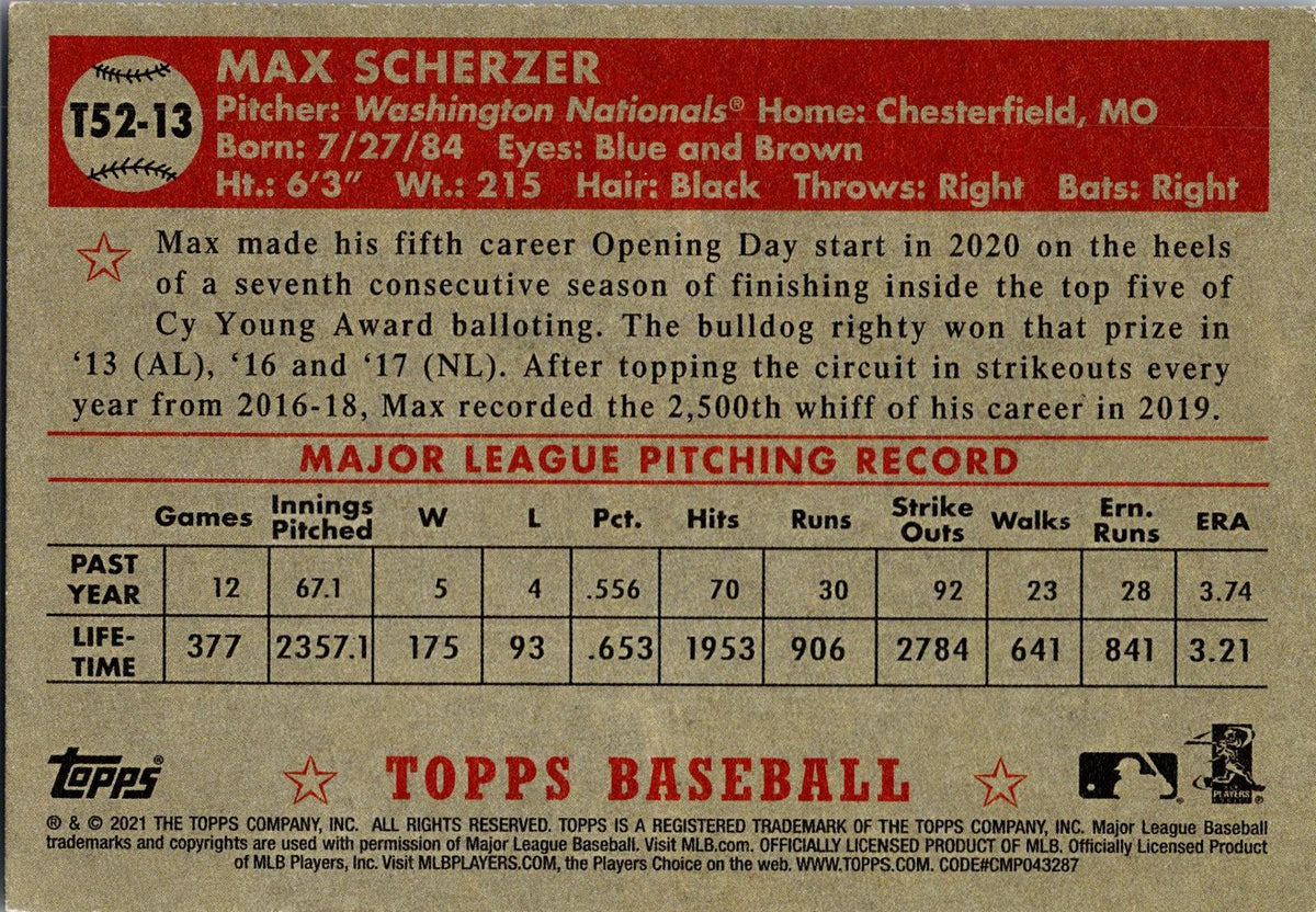 2021 Topps #T52-13 Max Scherzer 1952 Topps Redux