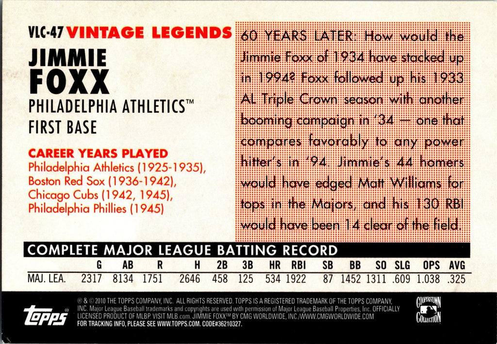 2009 Topps #200b Jimmie Foxx : Legend