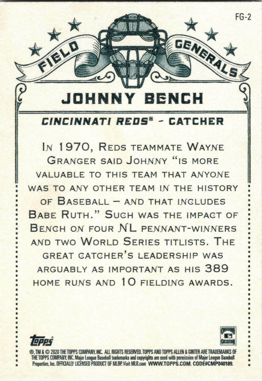 2020 Topps Allen & Ginter #FG-2 Johnny Bench Field Generals