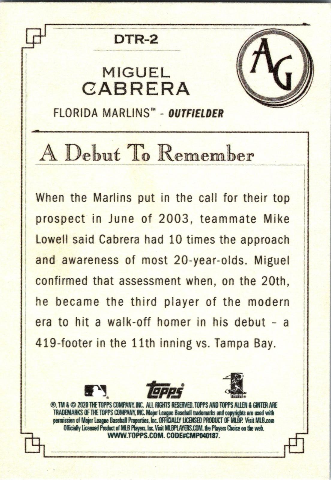 2020 Topps Allen & Ginter #DTR-2 Miguel Cabrera A Debut to Remember