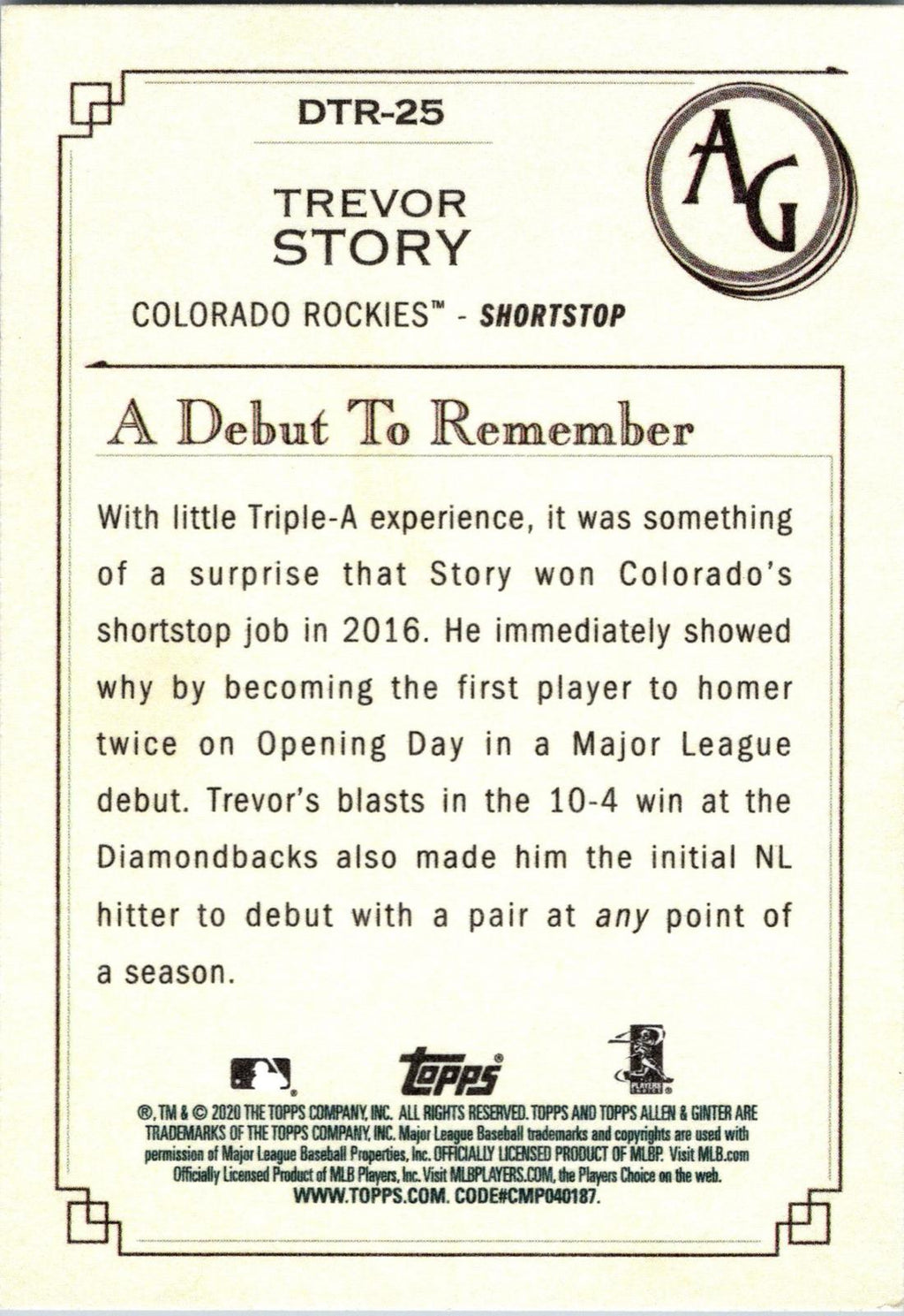 2020 Topps Allen & Ginter #DTR-25 Trevor Story A Debut to Remember