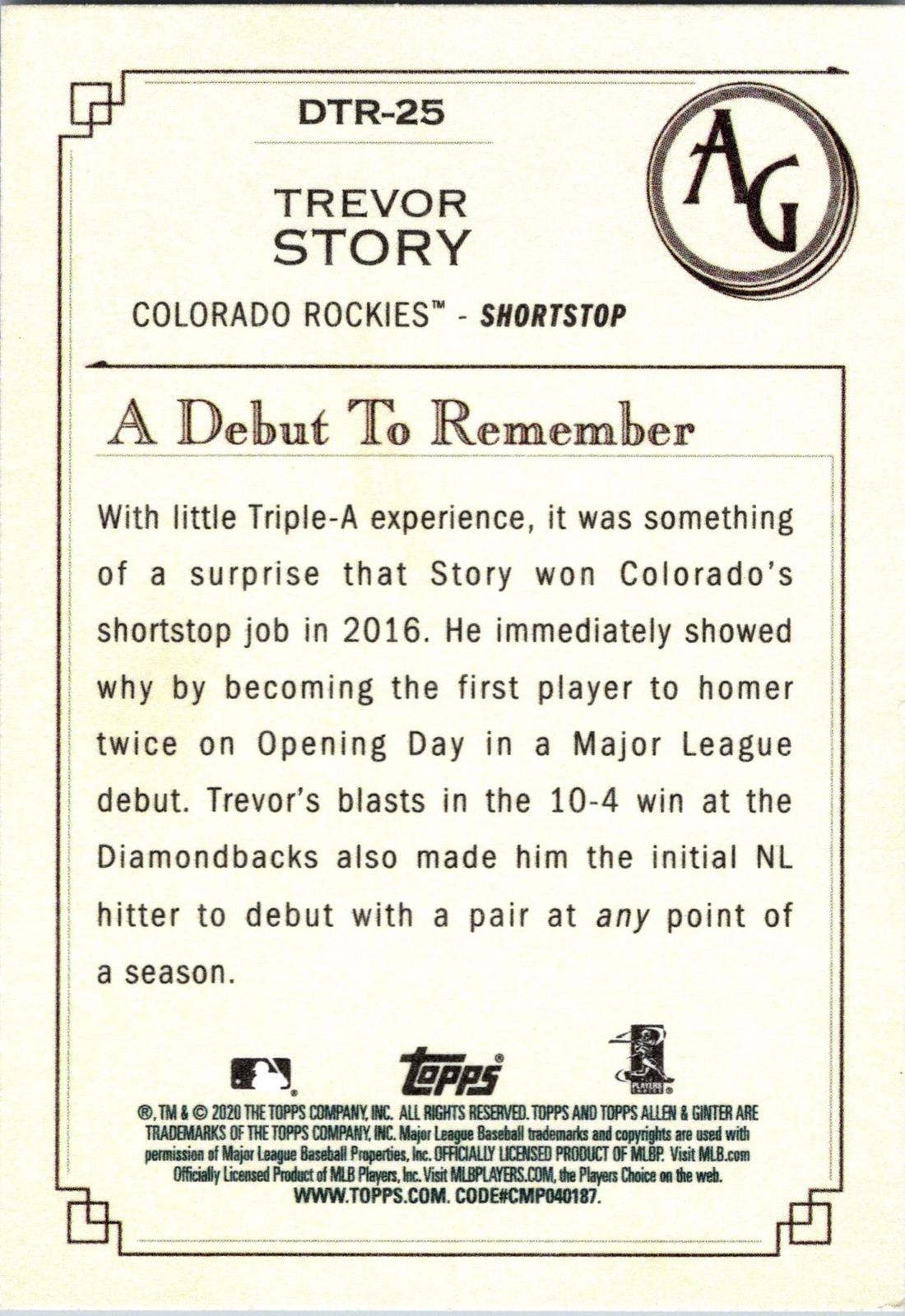 2020 Topps Allen & Ginter #DTR-25 Trevor Story A Debut to Remember