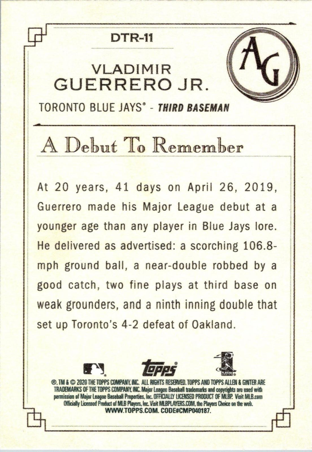 2020 Topps Allen & Ginter #DTR-11 Vladimir Guerrero Jr. A Debut to Remember