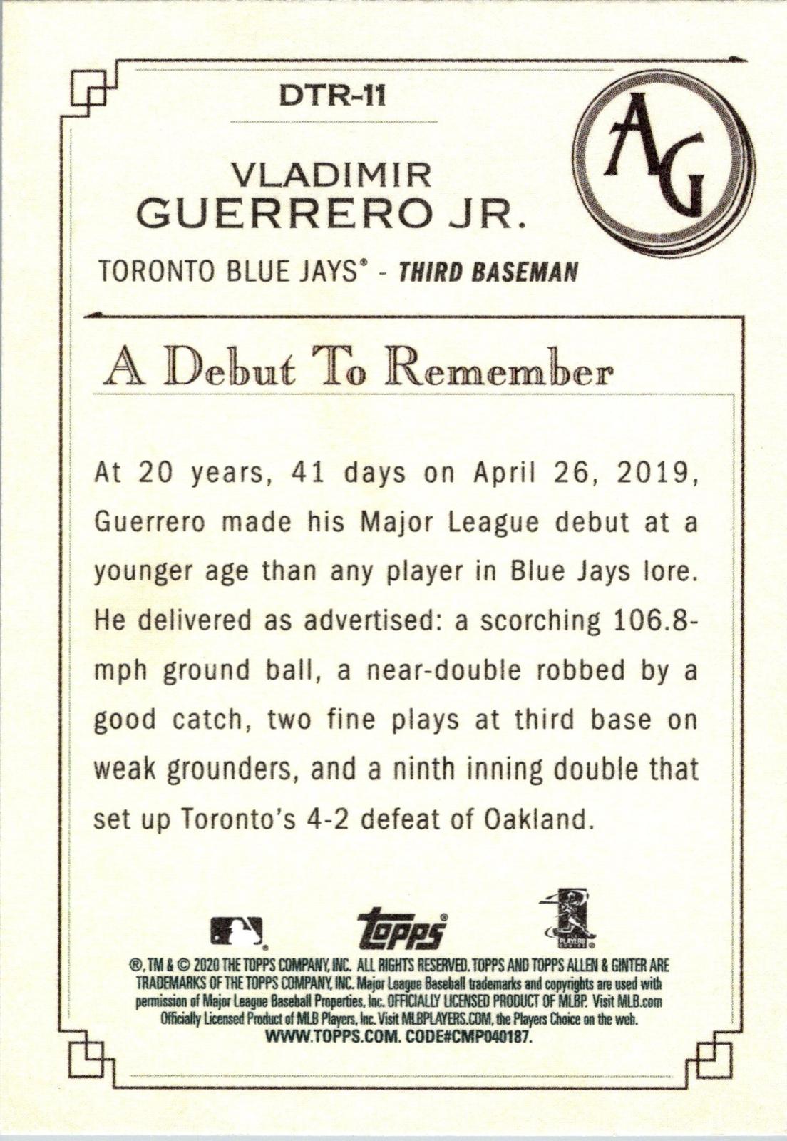 2020 Topps Allen & Ginter #DTR-11 Vladimir Guerrero Jr. A Debut to Remember