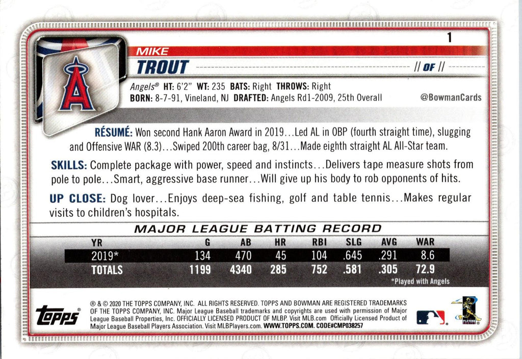 2020 Bowman #1 Mike Trout