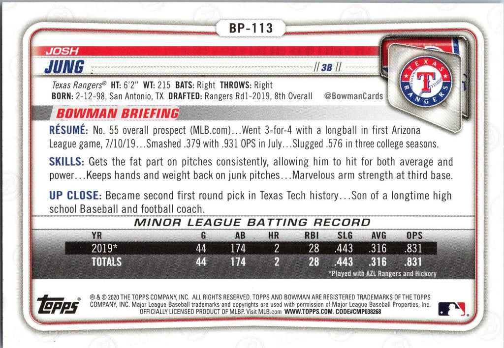 2020 Bowman #BP-113 Josh Jung Prospects