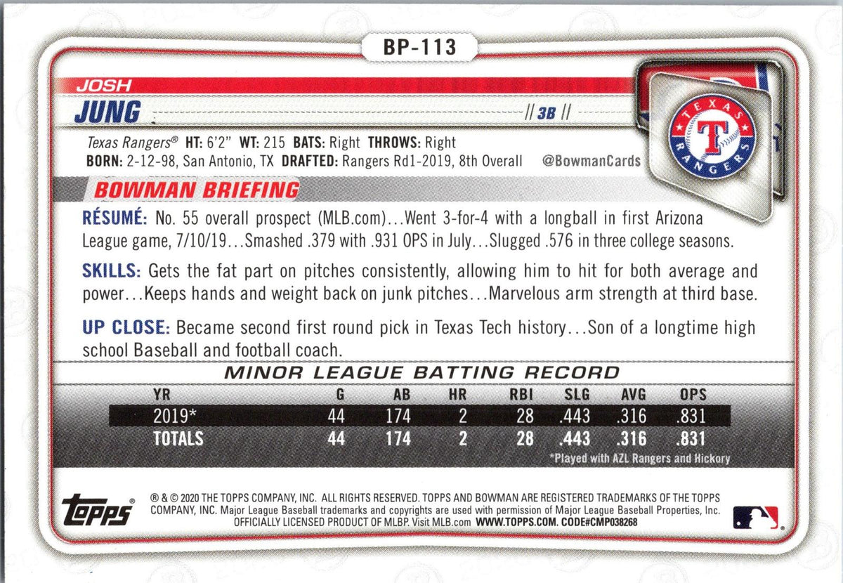 2020 Bowman #BP-113 Josh Jung Prospects