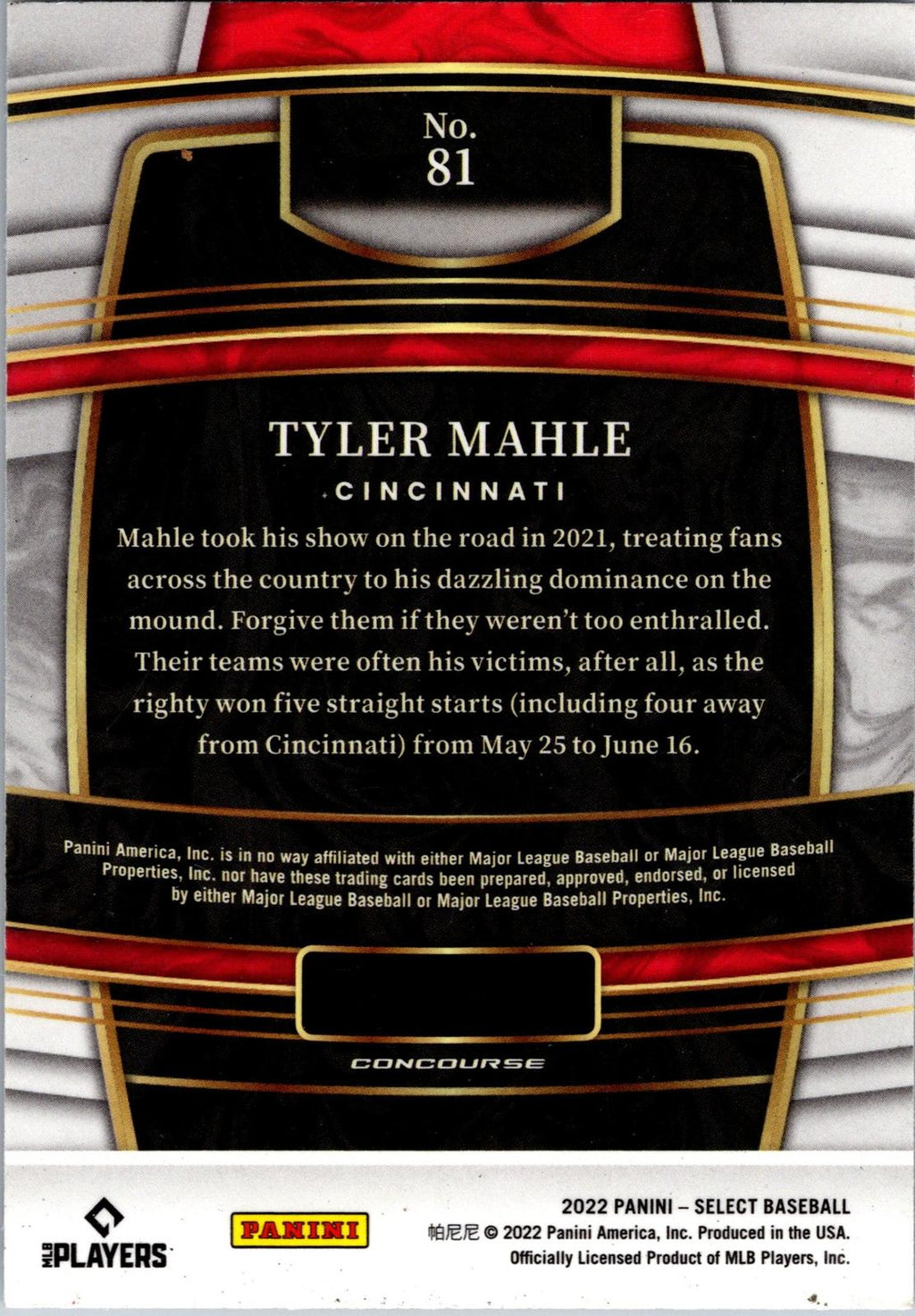 2022 Panini Select #81 Tyler Mahle Blue Retail Base