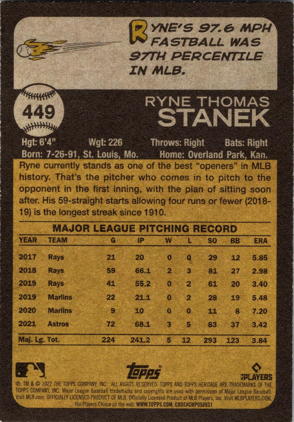 2022 Topps Heritage #449 Ryne Stanek